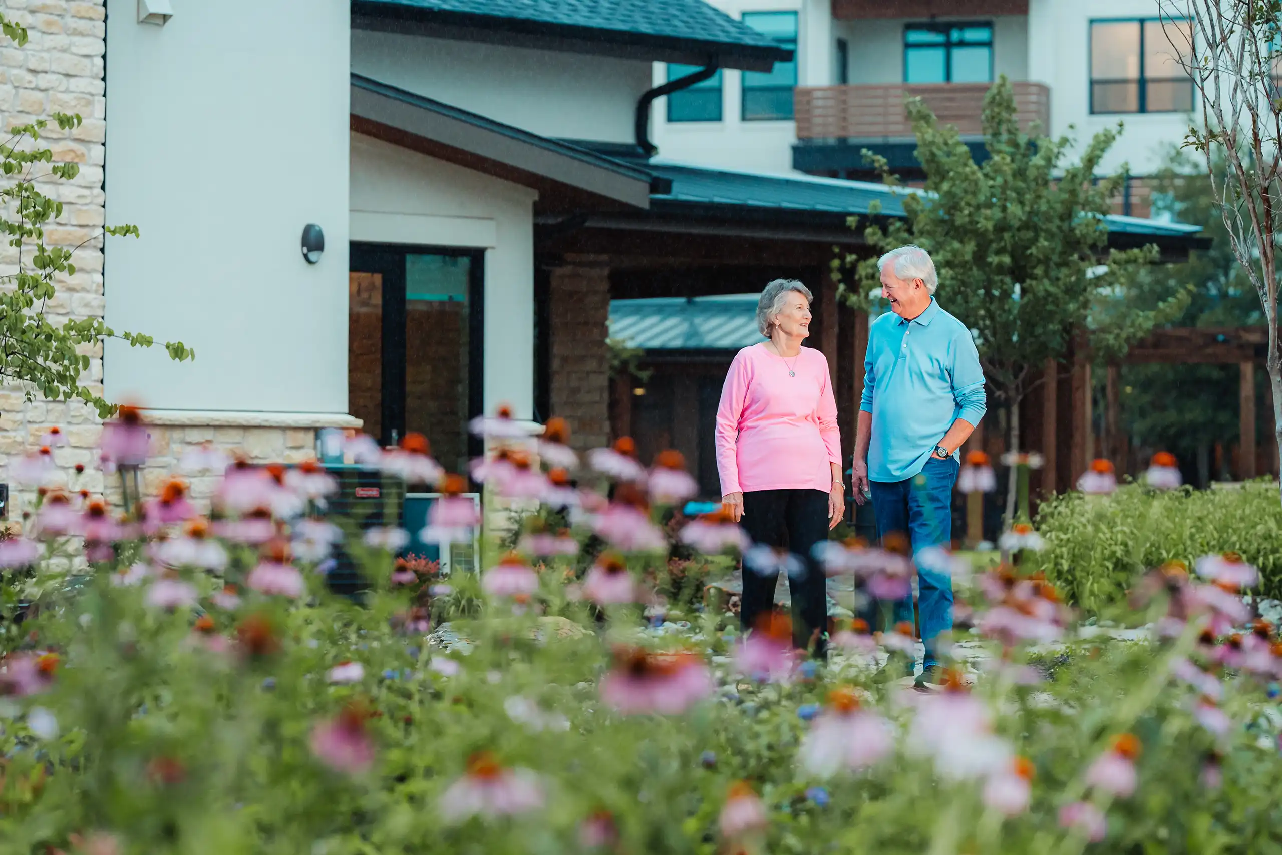 Outlook residents walking through the courtyard