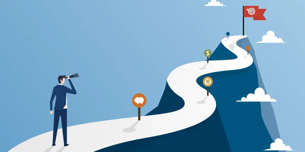 Illustration of man looking down a mountain path